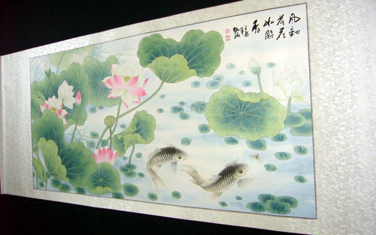 工笔画荷花鲤鱼,国画工笔荷花,工笔画花鸟- 第一字画网Powered by